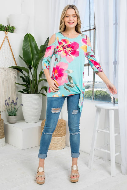 PLUS FLORAL PRINT COLD SHOULDER TOP