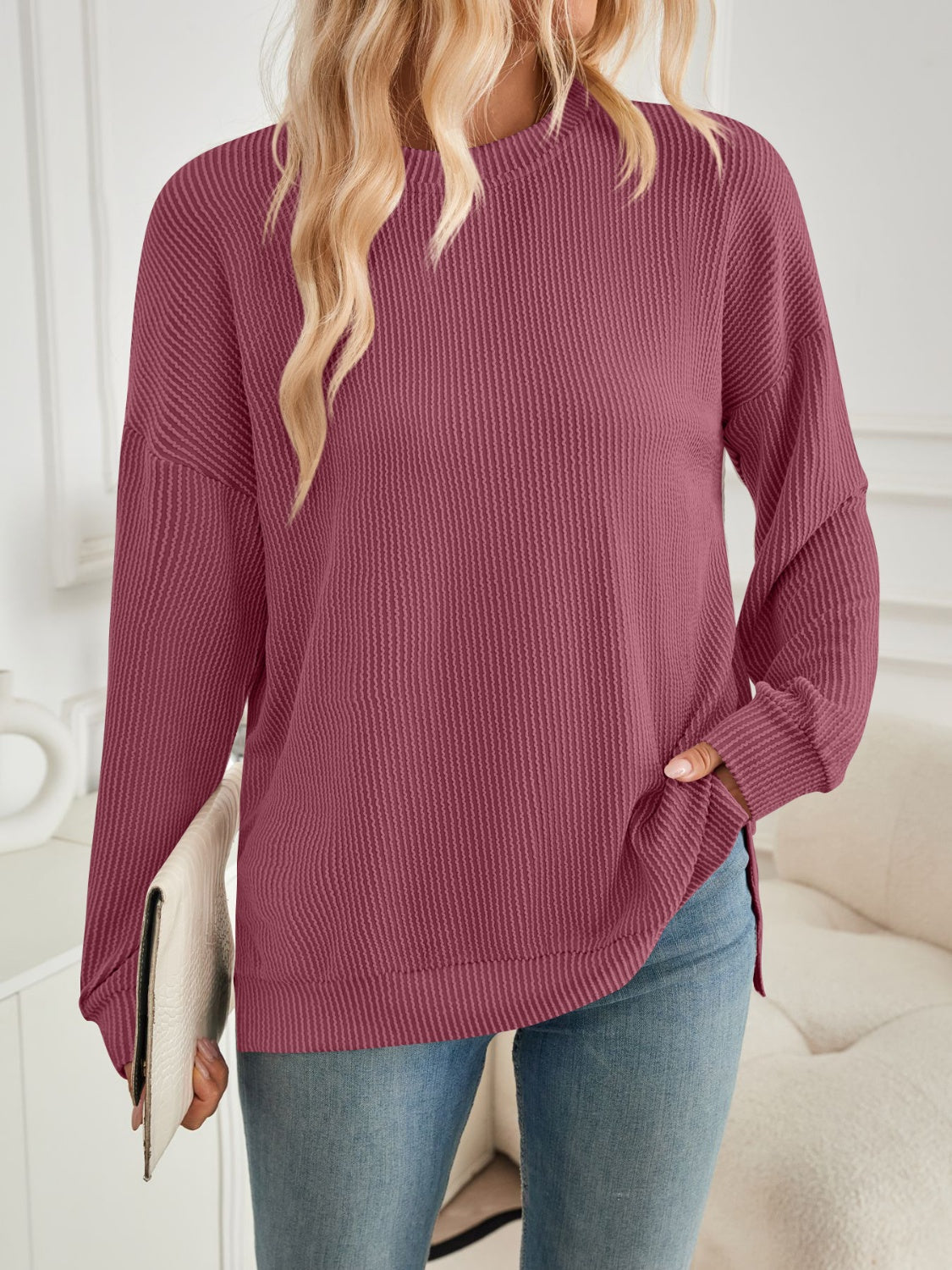 Lovelet Slit Round Neck Long Sleeve Sweatshirt