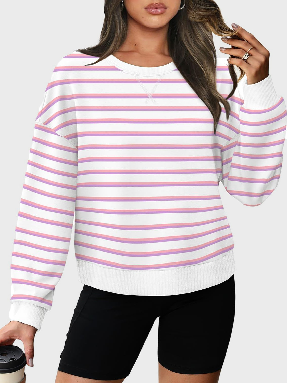 Lovelet Striped Round Neck Long Sleeve Sweatshirt