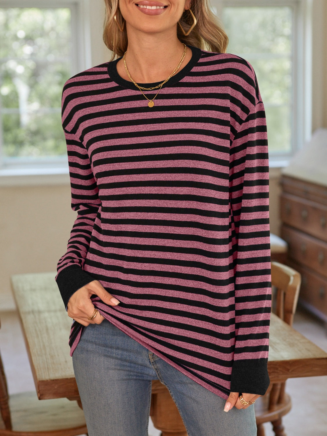 Lovelet Striped Round Neck Long Sleeve T-Shirt