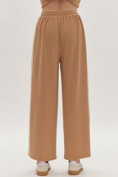 Solid Ribbed Contrast Trim Wide Leg Pants in Camel