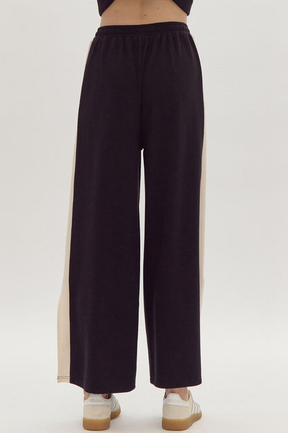 Solid Ribbed Contrast Trim Wide Leg Pants in Black