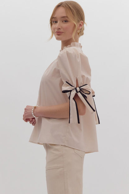 Solid Bow Tie Sleeve Blouse in Ecru