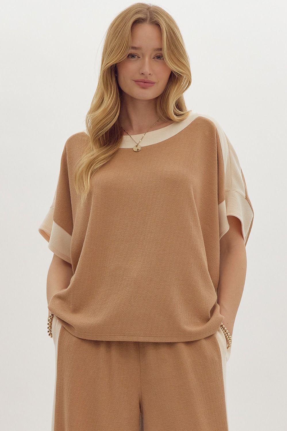 Solid Ribbed Contrast Trim Boatneck Top in Camel