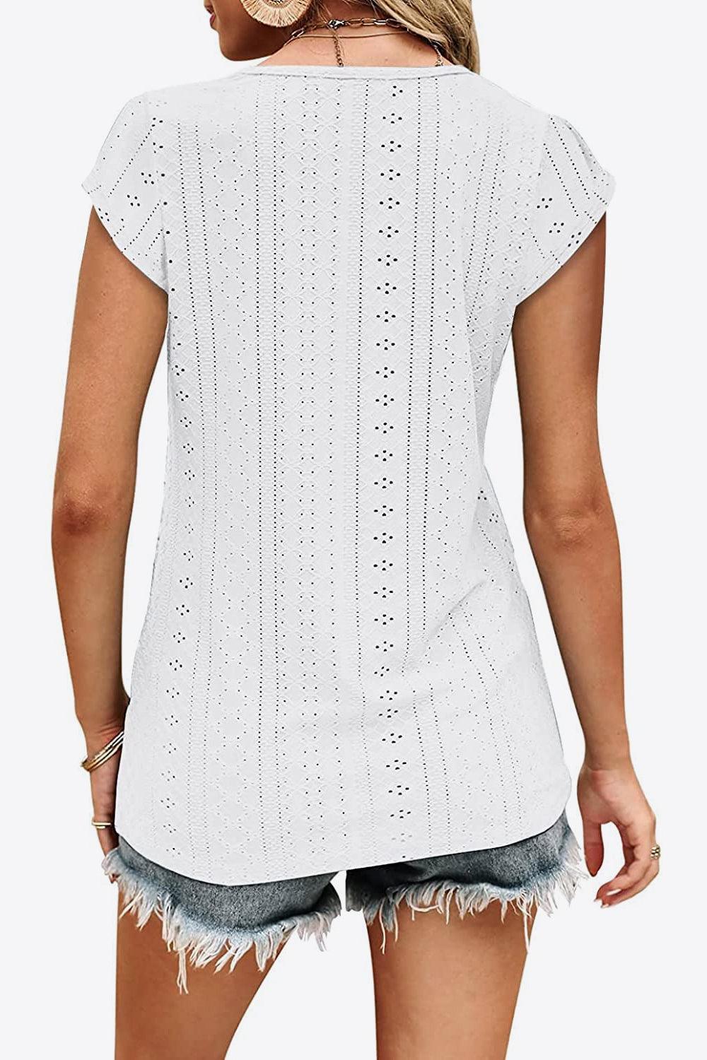 Eyelet Contrast V-Neck Tee - Dahlia Boutique