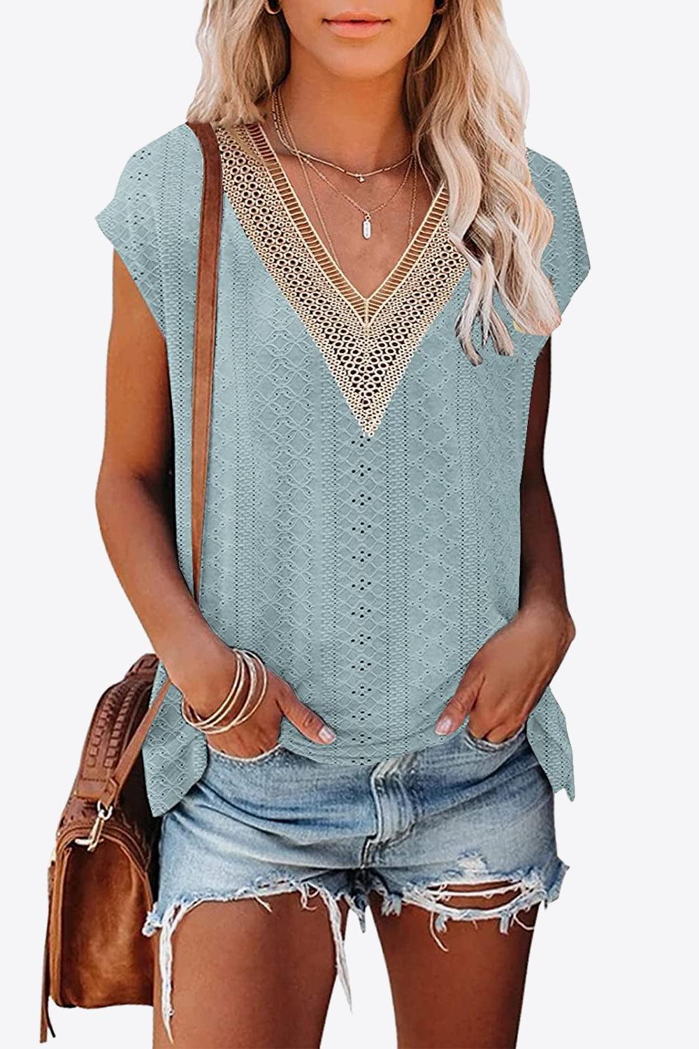 Eyelet Contrast V-Neck Tee - Dahlia Boutique