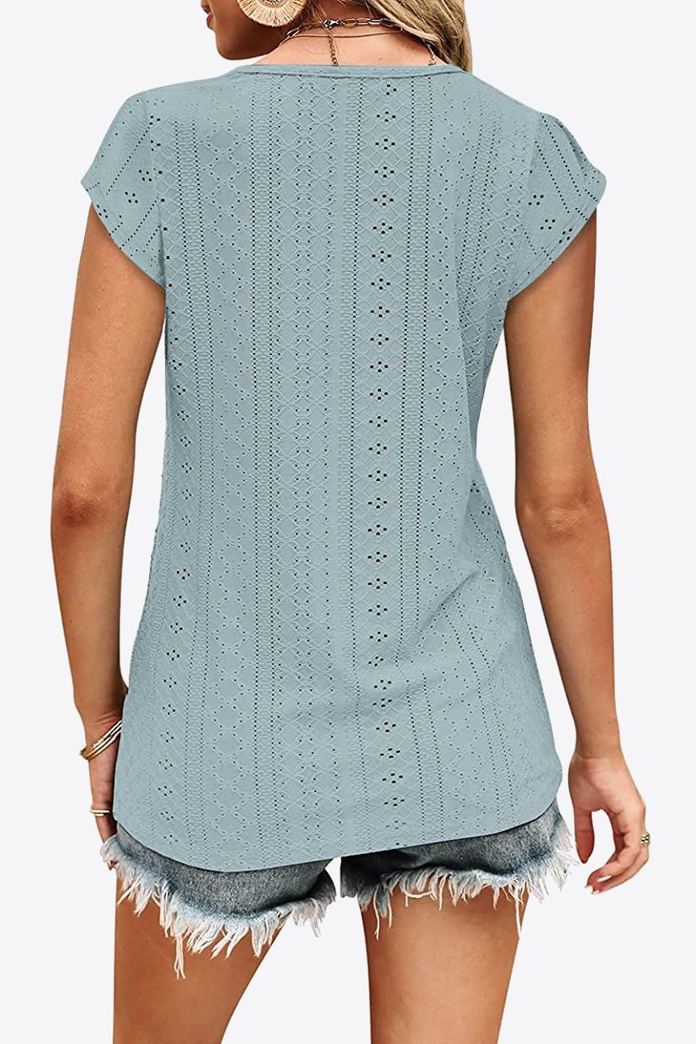 Eyelet Contrast V-Neck Tee - Dahlia Boutique