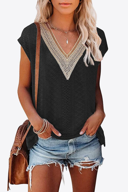 Eyelet Contrast V-Neck Tee - Dahlia Boutique