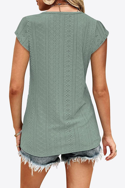 Eyelet Contrast V-Neck Tee - Dahlia Boutique