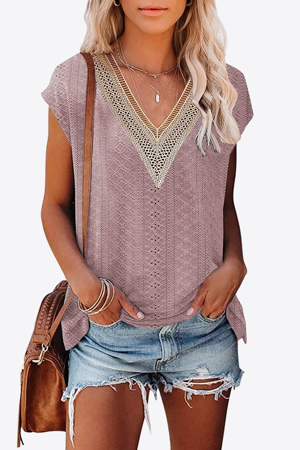 Eyelet Contrast V-Neck Tee - Dahlia Boutique