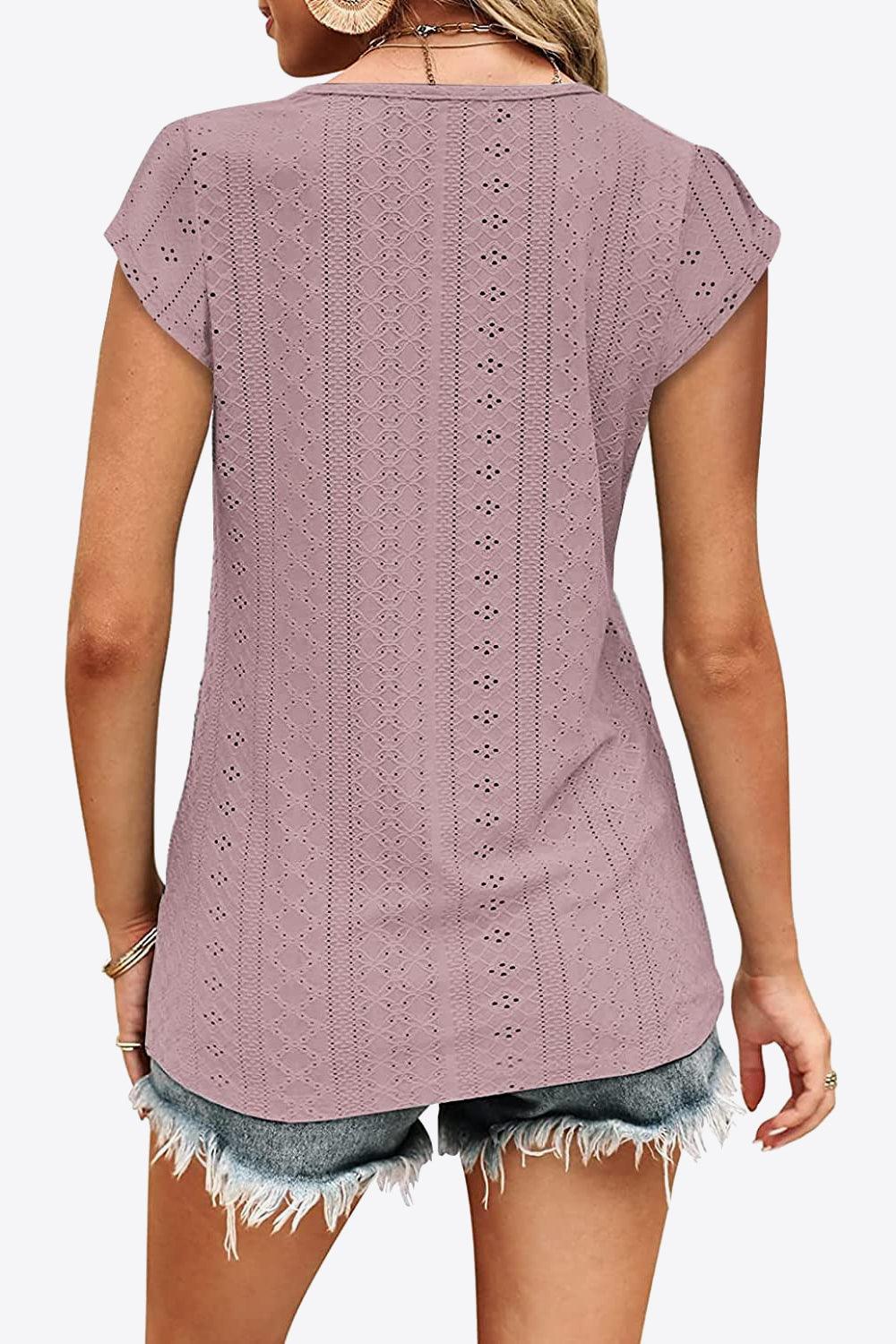 Eyelet Contrast V-Neck Tee - Dahlia Boutique