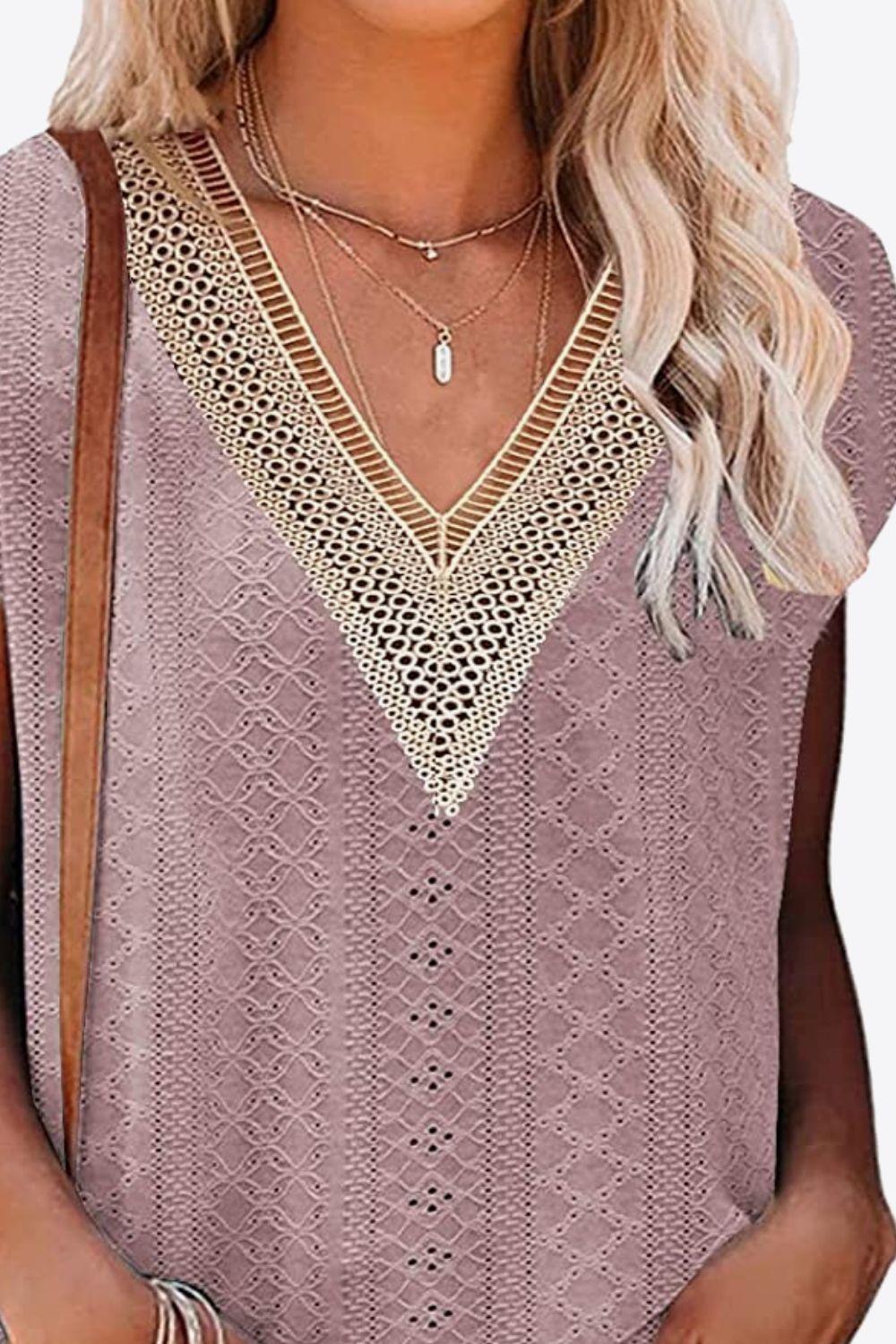 Eyelet Contrast V-Neck Tee - Dahlia Boutique