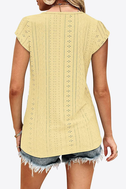 Eyelet Contrast V-Neck Tee - Dahlia Boutique