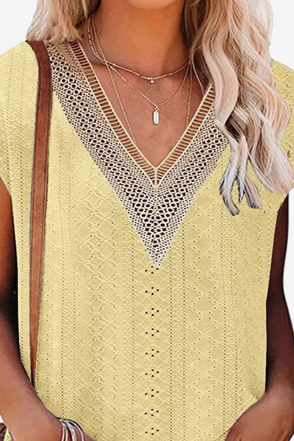 Eyelet Contrast V-Neck Tee - Dahlia Boutique