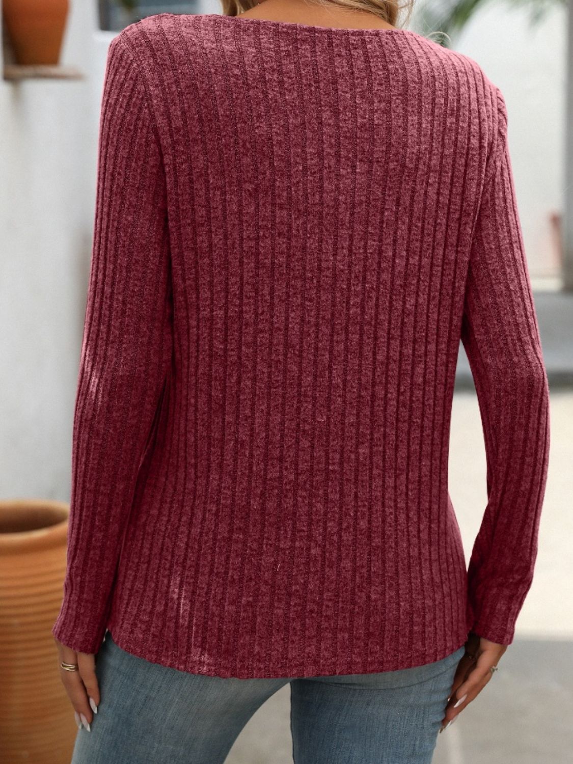 Mandy Ribbed V-Neck Long Sleeve T-Shirt