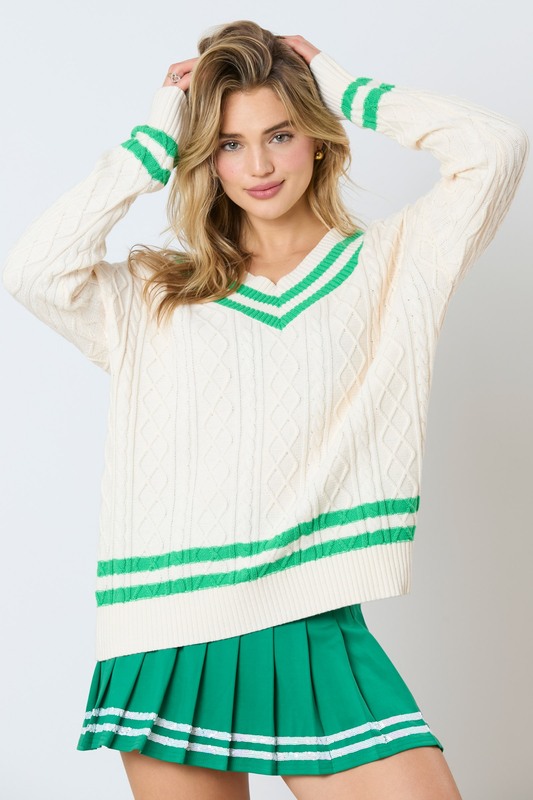 Varsity V-Neck Cable Sweater