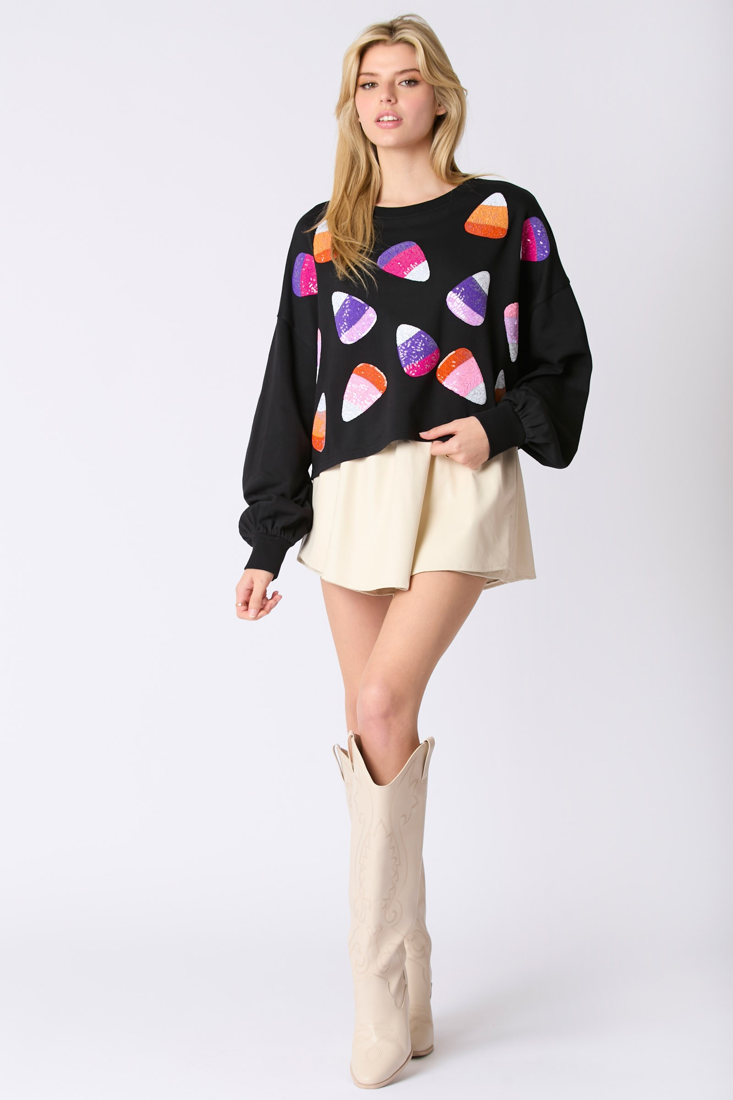 Candy Corn Sequin Cropped Sweatshirt