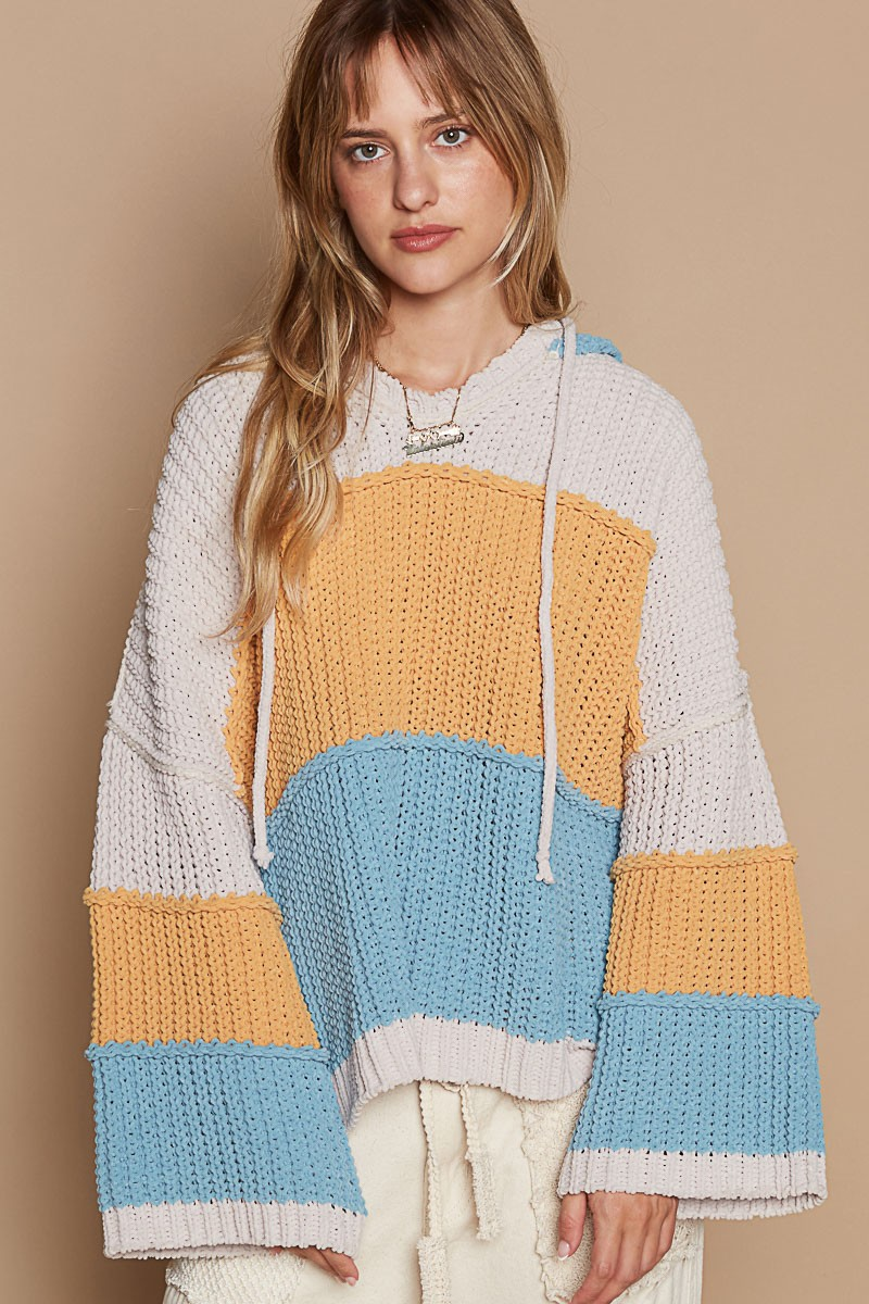 V-Neck Hooded Color Block Pullover Sweater