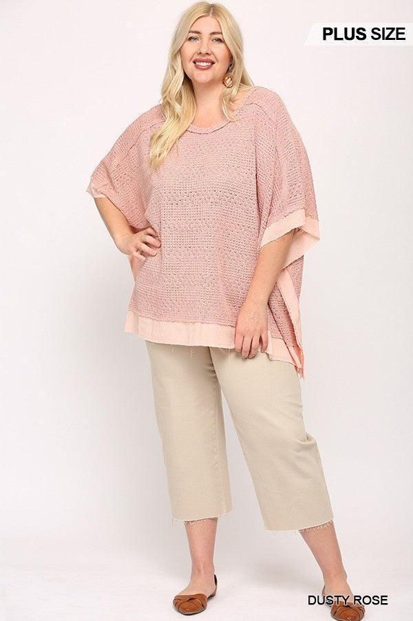 Light Knit And Woven Mixed Boxy Top With Poncho Sleeve - Dahlia Boutique