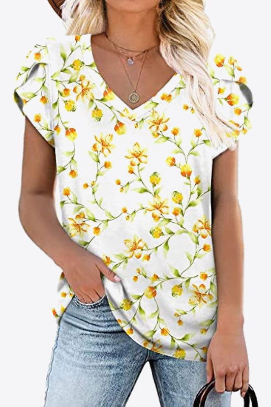 Printed Petal Sleeve V-Neck Blouse - Dahlia Boutique