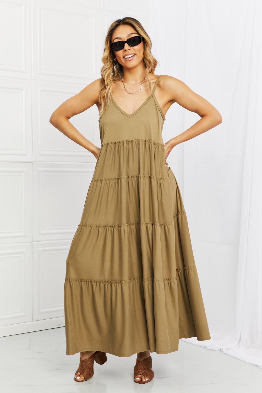 Zenana Full Size Spaghetti Strap Tiered Dress with Pockets in Khaki - Dahlia Boutique