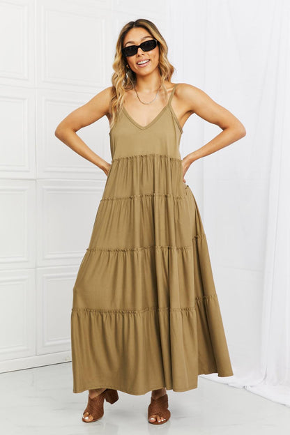 Zenana Full Size Spaghetti Strap Tiered Dress with Pockets in Khaki - Dahlia Boutique