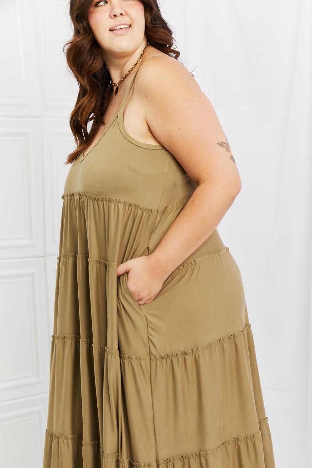 Zenana Full Size Spaghetti Strap Tiered Dress with Pockets in Khaki - Dahlia Boutique