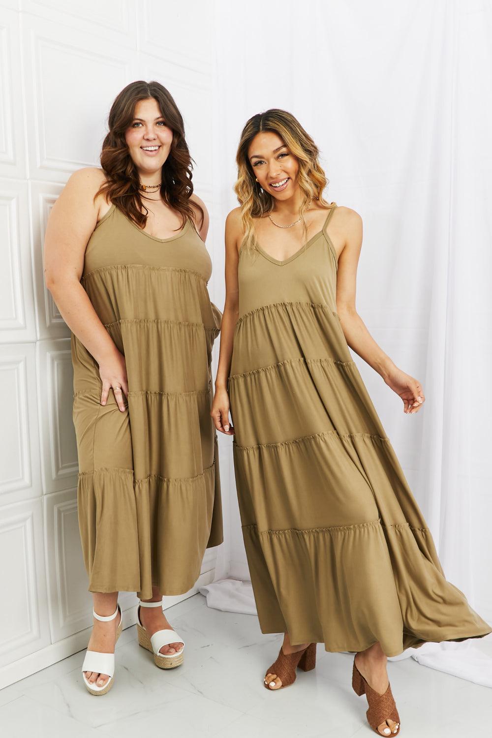 Zenana Full Size Spaghetti Strap Tiered Dress with Pockets in Khaki - Dahlia Boutique