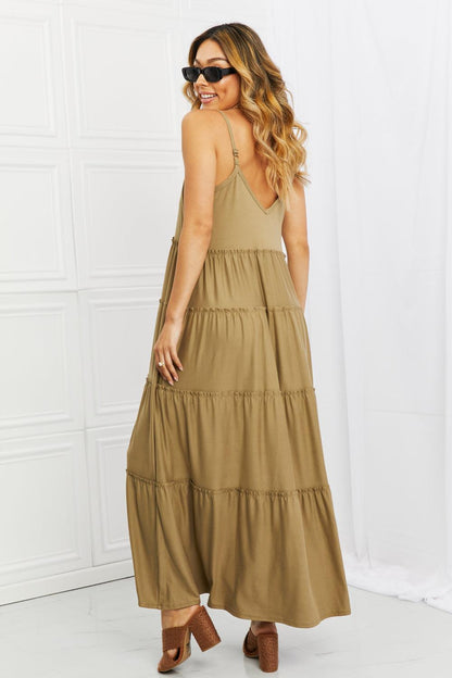 Zenana Full Size Spaghetti Strap Tiered Dress with Pockets in Khaki - Dahlia Boutique