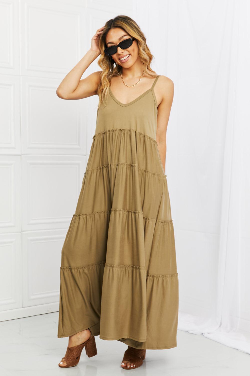 Zenana Full Size Spaghetti Strap Tiered Dress with Pockets in Khaki - Dahlia Boutique