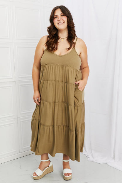 Zenana Full Size Spaghetti Strap Tiered Dress with Pockets in Khaki - Dahlia Boutique