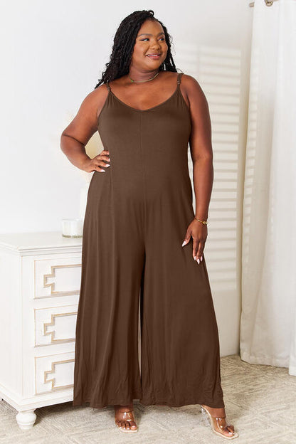 Double Take Full Size Soft Rayon Spaghetti Strap Tied Wide Leg Jumpsuit - Dahlia Boutique