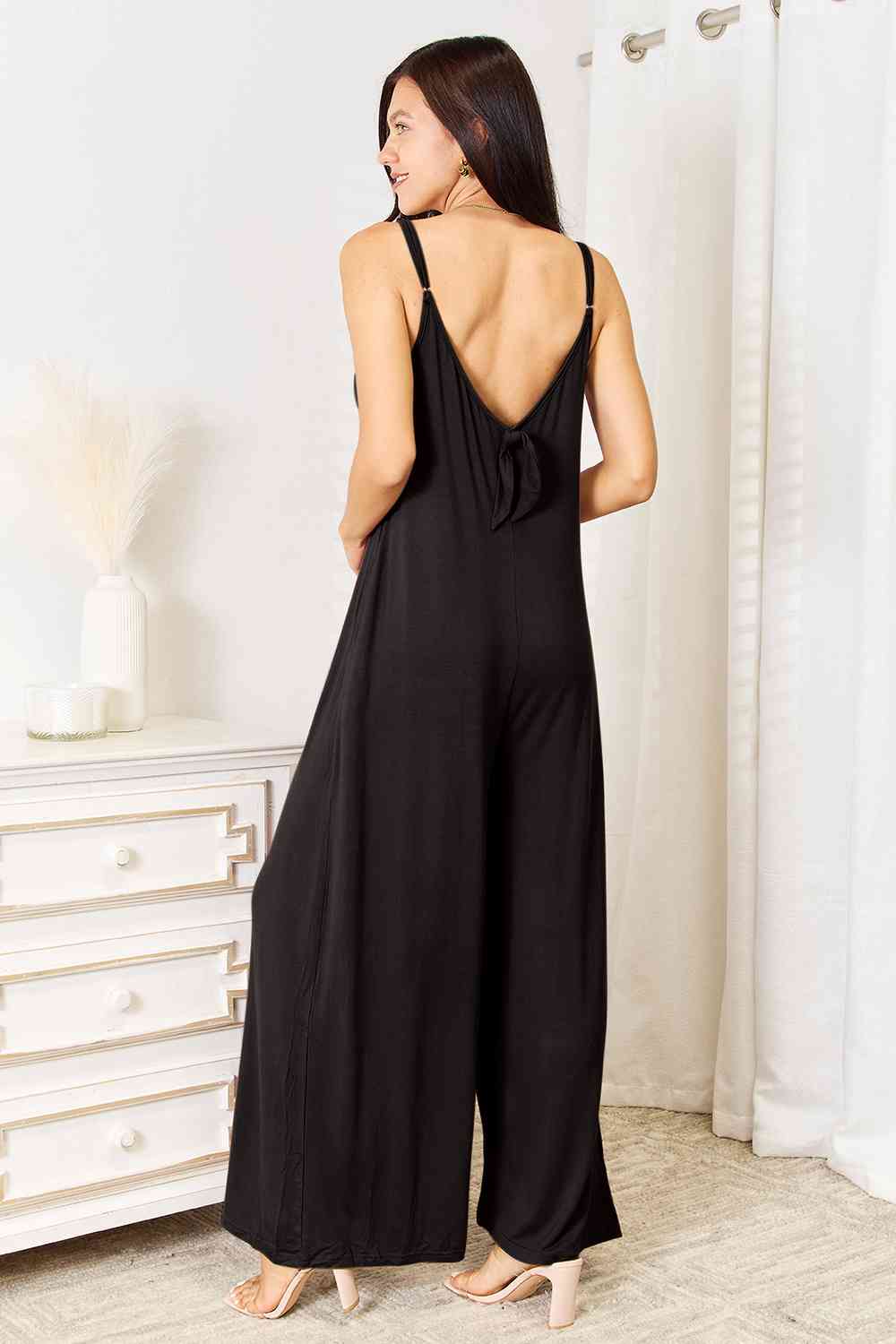 Double Take Full Size Soft Rayon Spaghetti Strap Tied Wide Leg Jumpsuit - Dahlia Boutique