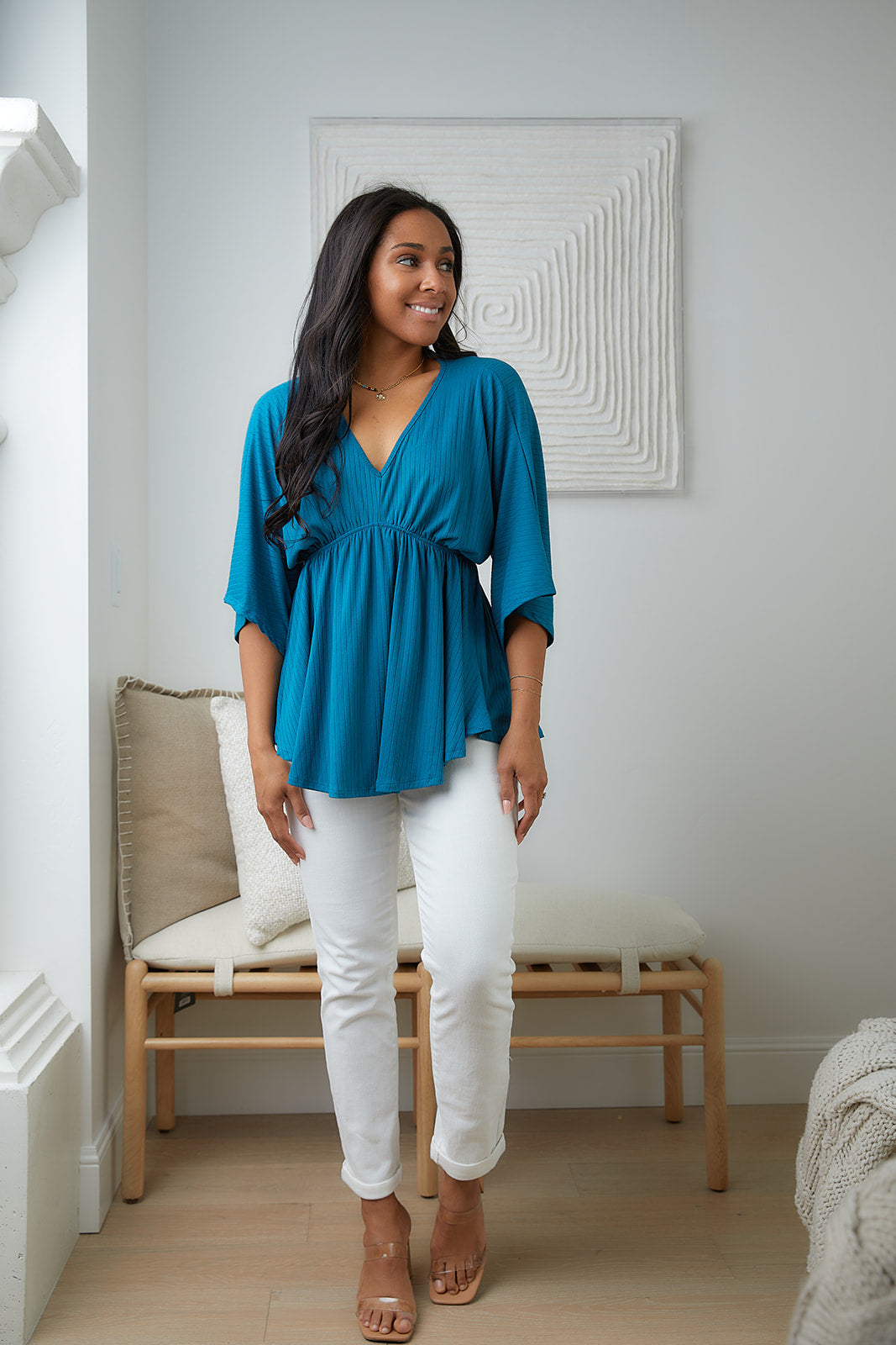 Storied Moments Draped Peplum Top in Teal