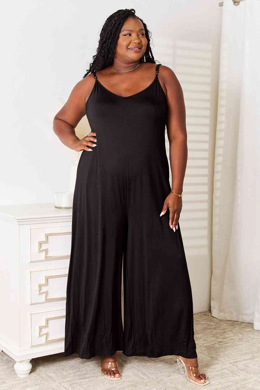 Double Take Full Size Soft Rayon Spaghetti Strap Tied Wide Leg Jumpsuit - Dahlia Boutique