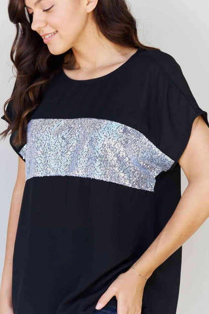 Sew In Love Shine Bright Full Size Center Mesh Sequin Top in Black/Silver - Dahlia Boutique