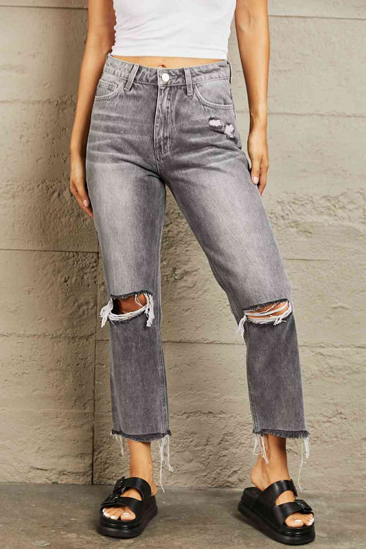 BAYEAS Stone Wash Distressed Cropped Straight Jeans - Dahlia Boutique
