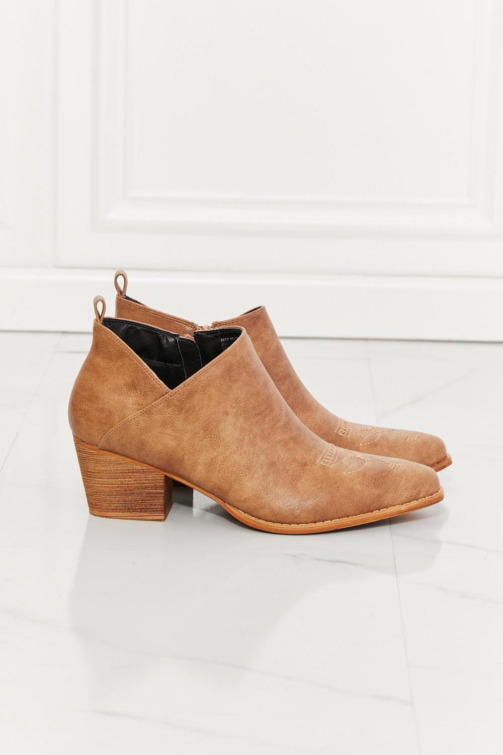 MMShoes Trust Yourself Embroidered Crossover Cowboy Bootie in Caramel - Dahlia Boutique