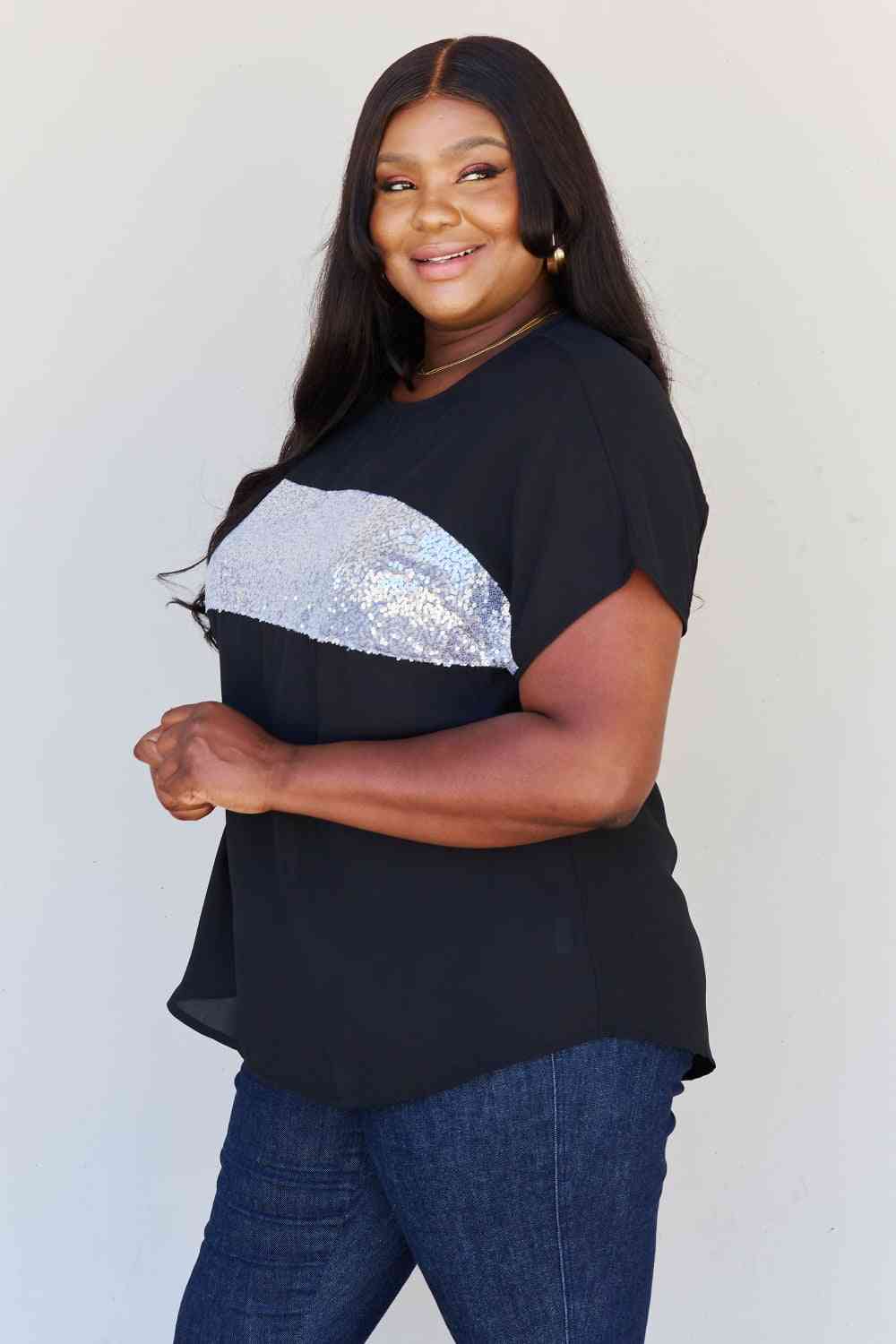 Sew In Love Shine Bright Full Size Center Mesh Sequin Top in Black/Silver - Dahlia Boutique