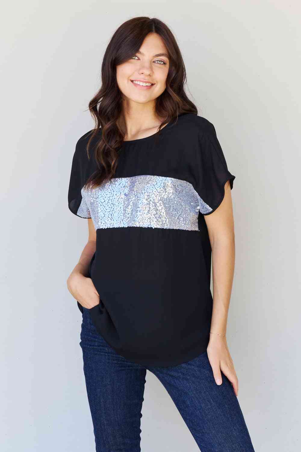 Sew In Love Shine Bright Full Size Center Mesh Sequin Top in Black/Silver - Dahlia Boutique