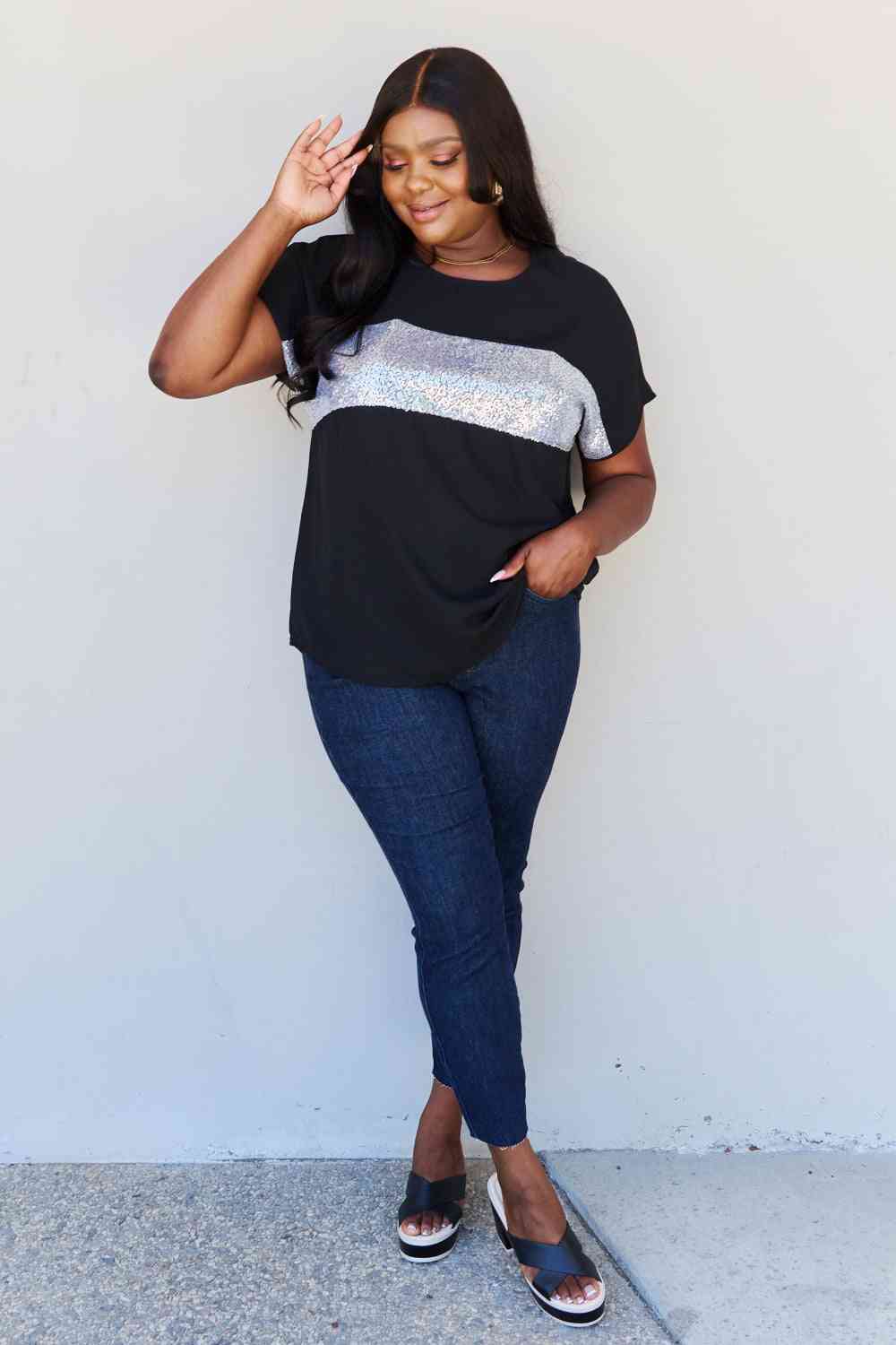 Sew In Love Shine Bright Full Size Center Mesh Sequin Top in Black/Silver - Dahlia Boutique