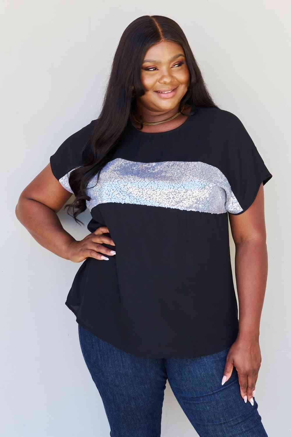 Sew In Love Shine Bright Full Size Center Mesh Sequin Top in Black/Silver - Dahlia Boutique