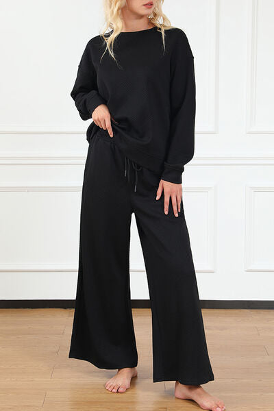 Double Take Full Size Textured Long Sleeve Top and Drawstring Pants Set - Dahlia Boutique