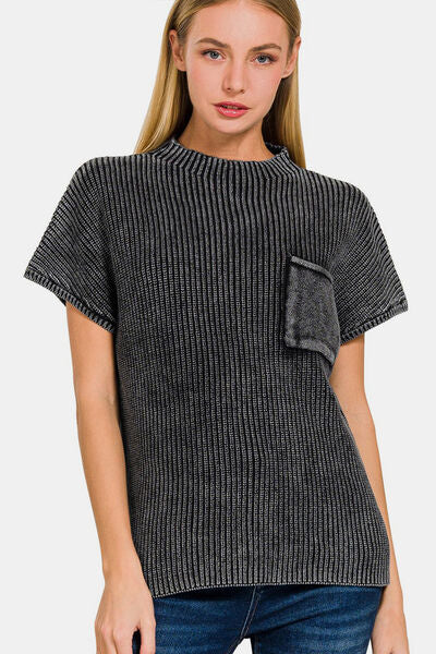 Zenana Pocketed Mock Neck Short Sleeve Sweater - Dahlia Boutique