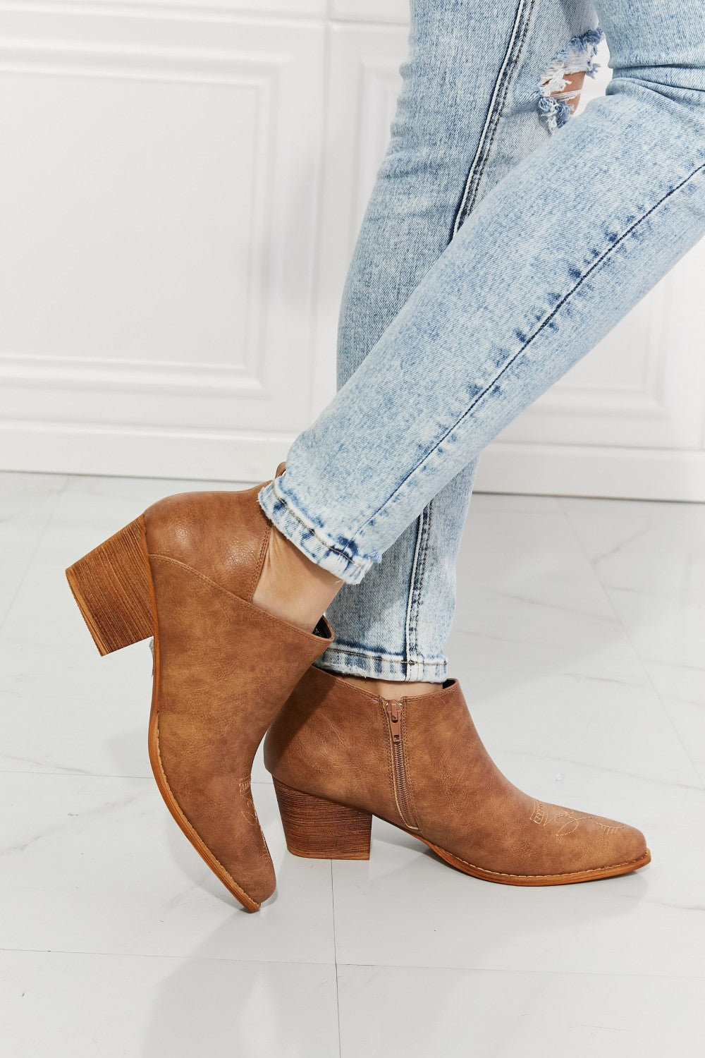 MMShoes Trust Yourself Embroidered Crossover Cowboy Bootie in Caramel - Dahlia Boutique