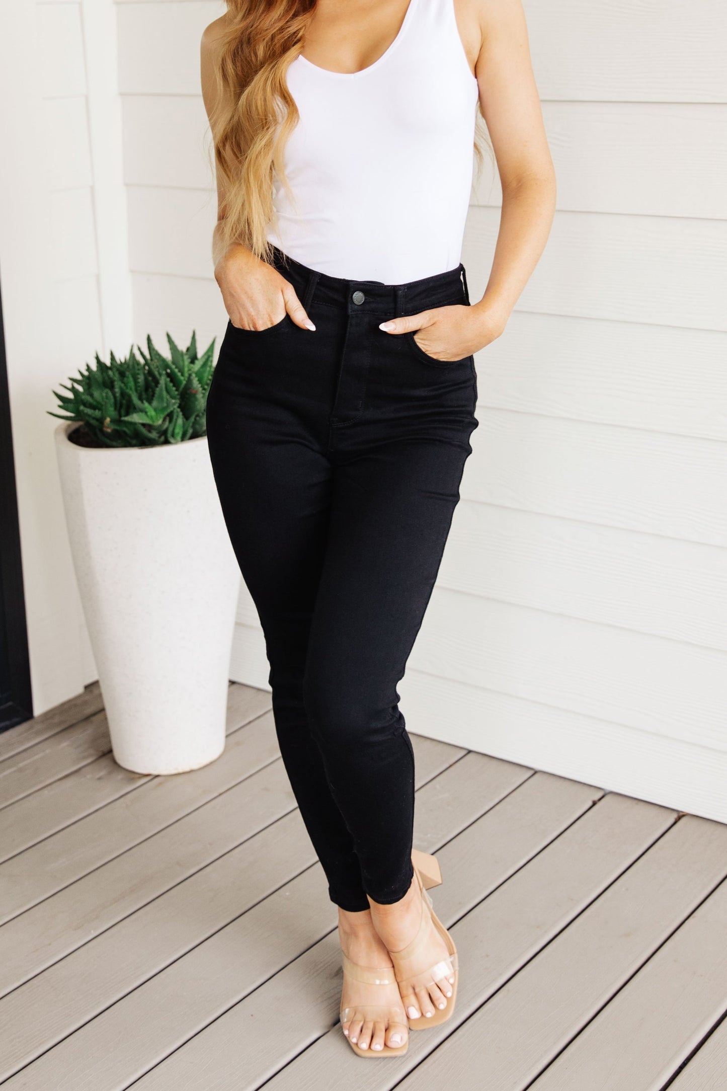 Audrey High Rise Control Top Classic Skinny Jeans in Black - Dahlia Boutique