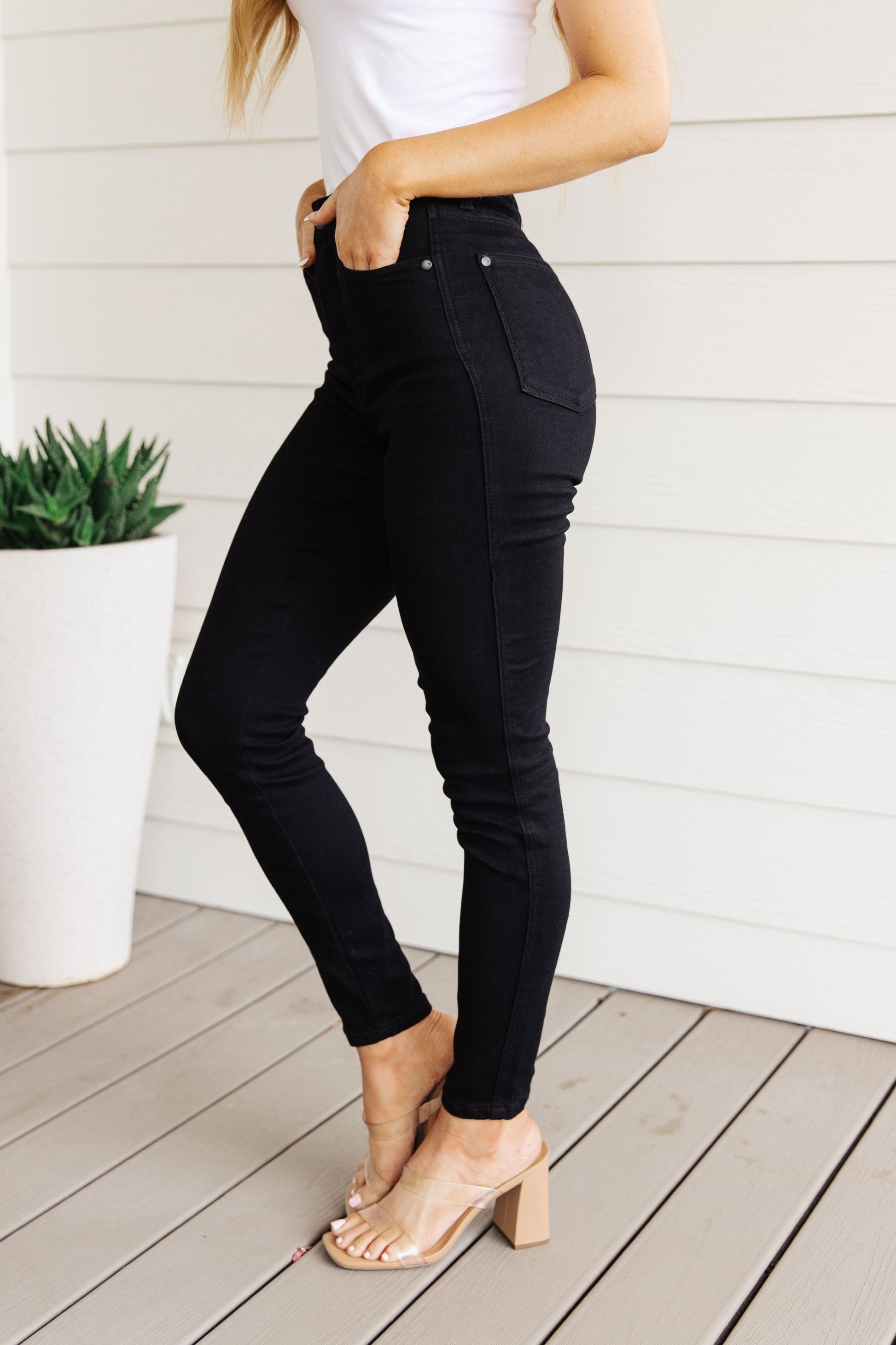 Audrey High Rise Control Top Classic Skinny Jeans in Black - Dahlia Boutique