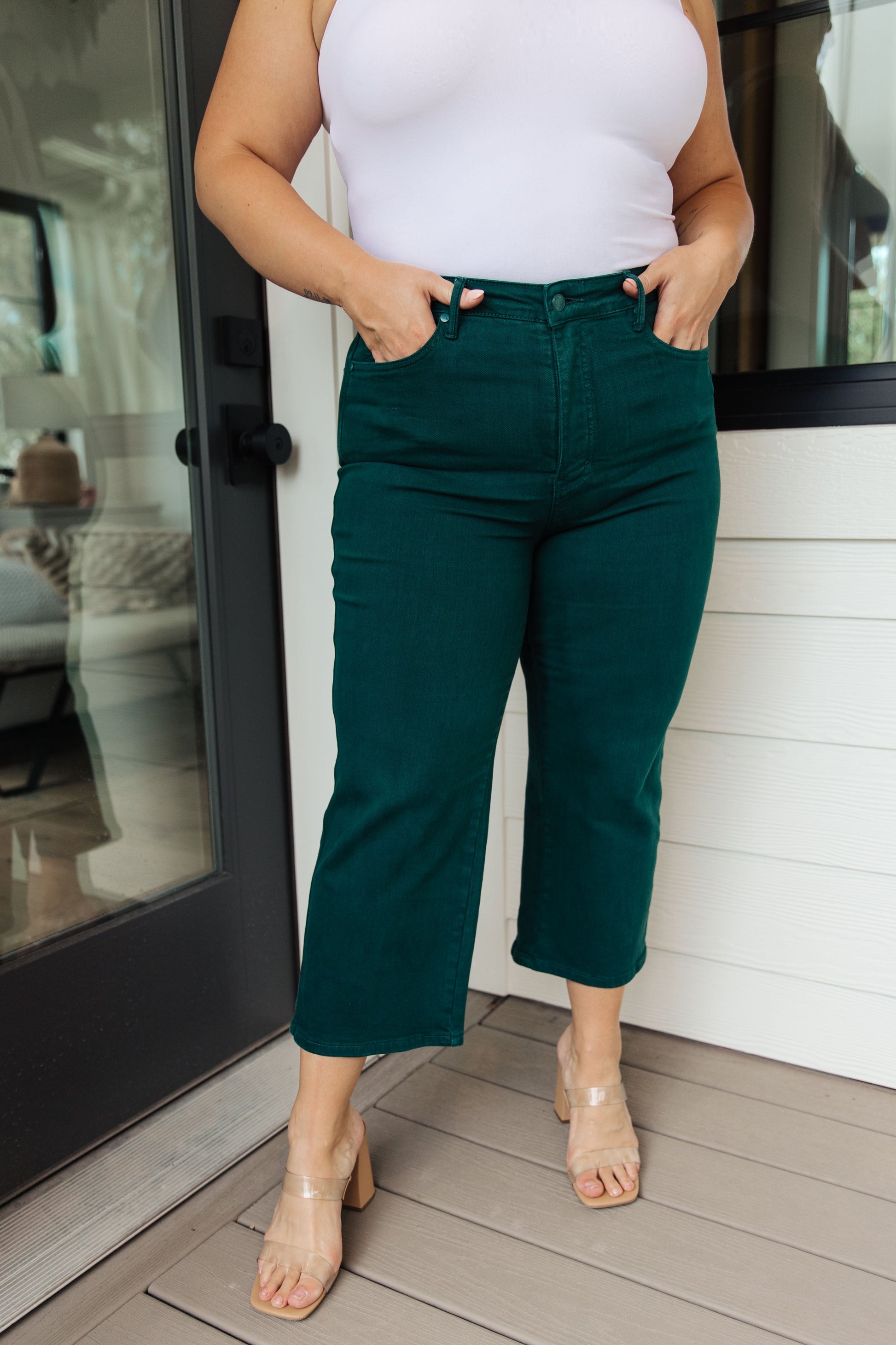 Briar High Rise Control Top Wide Leg Crop Jeans in Teal - Dahlia Boutique