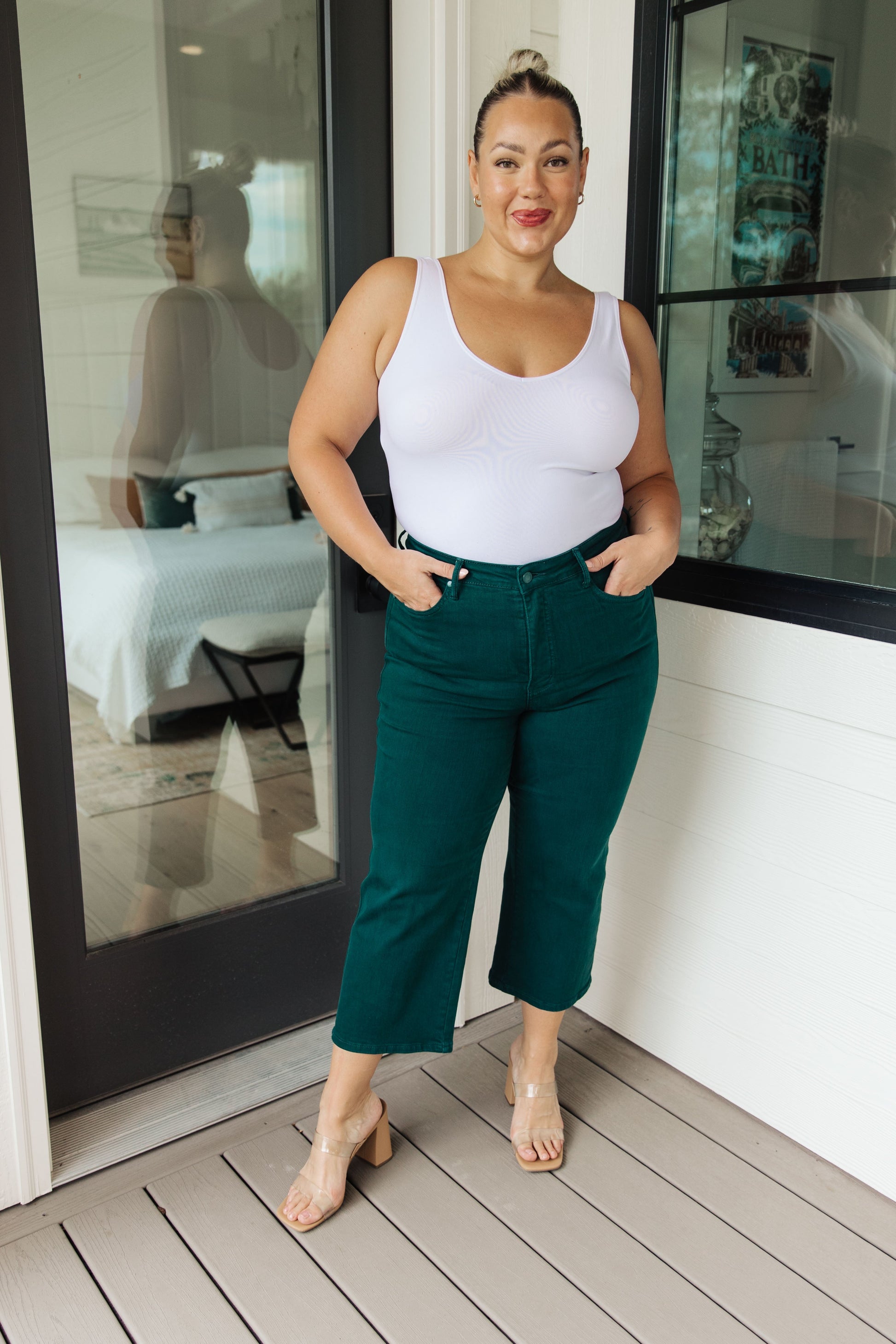 Briar High Rise Control Top Wide Leg Crop Jeans in Teal - Dahlia Boutique