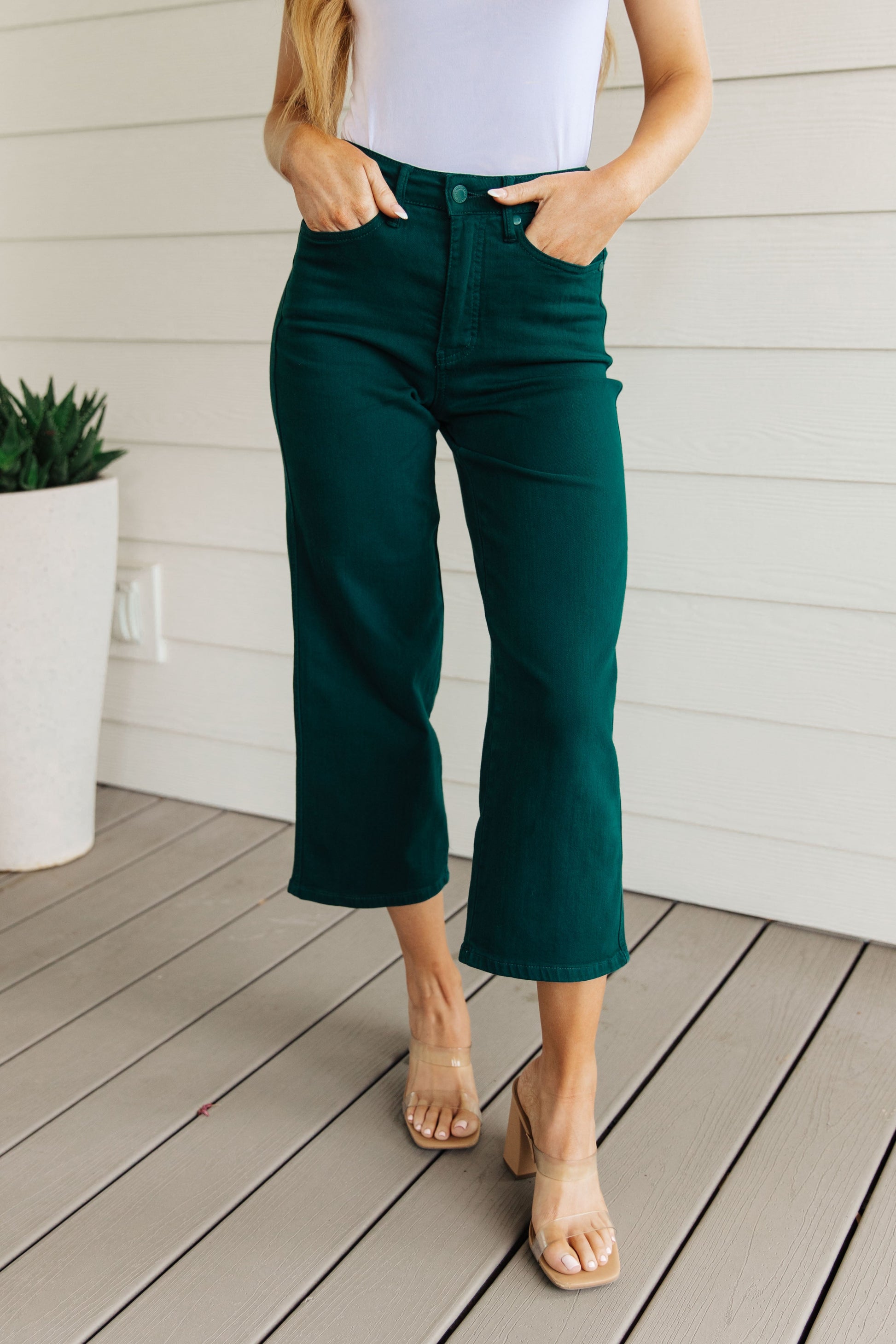 Briar High Rise Control Top Wide Leg Crop Jeans in Teal - Dahlia Boutique